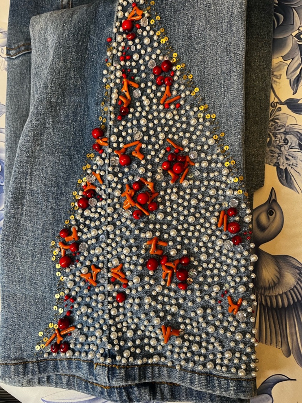 DG2 Diane Gilman Blue Wide-Leg Jeans with Red Floral Pearls & Crystals - Picture 13 of 16